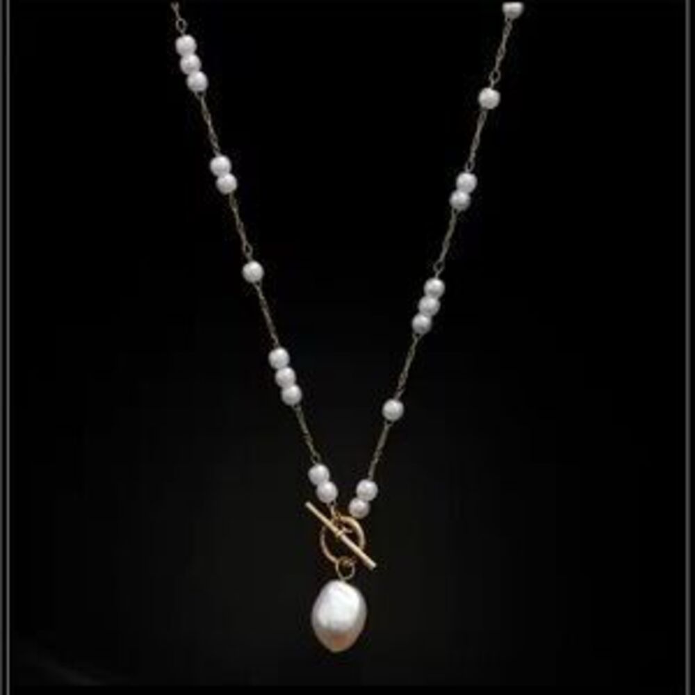 NEW GOLD STEEL CHAIN PEARL TOGGLE PENDANT NECKLACE - Picture 4 of 4